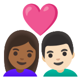 👩🏾‍❤️‍👨🏻 Couple with Heart: Woman, Man, Medium-Dark Skin Tone, Light Skin Tone, Emoji by Google