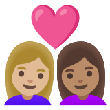 👩🏼‍❤️‍👩🏽 Couple with Heart: Woman, Woman, Medium-Light Skin Tone, Medium Skin Tone, Emoji by Google