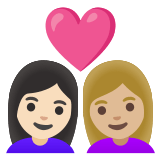 👩🏻‍❤️‍👩🏼 Couple with Heart: Woman, Woman, Light Skin Tone, Medium-Light Skin Tone, Emoji by Google