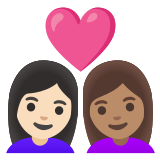 👩🏻‍❤️‍👩🏽 Couple with Heart: Woman, Woman, Light Skin Tone, Medium Skin Tone, Emoji by Google