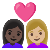 👩🏿‍❤️‍👩🏼 Couple with Heart: Woman, Woman, Dark Skin Tone, Medium-Light Skin Tone, Emoji by Google