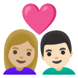 👩🏼‍❤️‍👨🏻 Couple with Heart: Woman, Man, Medium-Light Skin Tone, Light Skin Tone, Emoji by Google