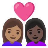 👩🏽‍❤️‍👩🏿 Couple with Heart: Woman, Woman, Medium Skin Tone, Dark Skin Tone, Emoji by Google
