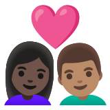 👩🏿‍❤️‍👨🏽 Couple with Heart: Woman, Man, Dark Skin Tone, Medium Skin Tone, Emoji by Google
