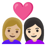 👩🏼‍❤️‍👩🏻 Couple with Heart: Woman, Woman, Medium-Light Skin Tone, Light Skin Tone, Emoji by Google