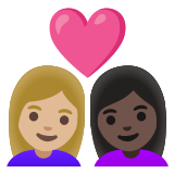 👩🏼‍❤️‍👩🏿 Couple with Heart: Woman, Woman, Medium-Light Skin Tone, Dark Skin Tone, Emoji by Google