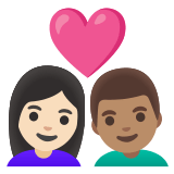 👩🏻‍❤️‍👨🏽 Couple with Heart: Woman, Man, Light Skin Tone, Medium Skin Tone, Emoji by Google