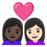 👩🏿‍❤️‍👩🏻 Couple with Heart: Woman, Woman, Dark Skin Tone, Light Skin Tone, Emoji by Google