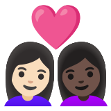 👩🏻‍❤️‍👩🏿 Couple with Heart: Woman, Woman, Light Skin Tone, Dark Skin Tone, Emoji by Google