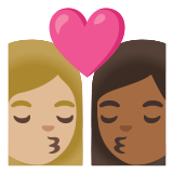 👩🏼‍❤️‍💋‍👩🏾 Kiss: Woman, Woman, Medium-Light Skin Tone, Medium-Dark Skin Tone, Emoji by Google