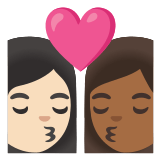 👩🏻‍❤️‍💋‍👩🏾 Kiss: Woman, Woman, Light Skin Tone, Medium-Dark Skin Tone, Emoji by Google