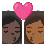 👩🏿‍❤️‍💋‍👩🏾 Kiss: Woman, Woman, Dark Skin Tone, Medium-Dark Skin Tone, Emoji by Google