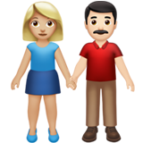 👩🏼‍🤝‍👨🏻 Woman and Man Holding Hands: Medium-Light Skin Tone, Light Skin Tone, Emoji by Apple