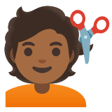 💇🏾 Person Getting Haircut: Medium-Dark Skin Tone, Emoji by Google