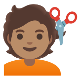 💇🏽 Person Getting Haircut: Medium Skin Tone, Emoji by Google
