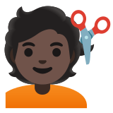 💇🏿 Person Getting Haircut: Dark Skin Tone, Emoji by Google