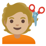💇🏼 Person Getting Haircut: Medium-Light Skin Tone, Emoji by Google