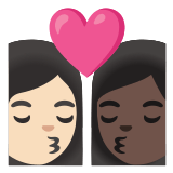👩🏻‍❤️‍💋‍👩🏿 Kiss: Woman, Woman, Light Skin Tone, Dark Skin Tone, Emoji by Google