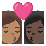 👩🏽‍❤️‍💋‍👩🏿 Kiss: Woman, Woman, Medium Skin Tone, Dark Skin Tone, Emoji by Google