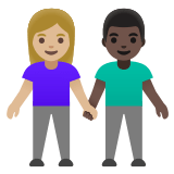 👩🏼‍🤝‍👨🏿 Femme Et Homme Se Tenant La Main : Peau Moyennement Claire Et Peau Foncée Emoji par Google