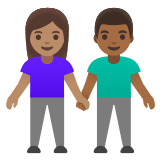 👩🏽‍🤝‍👨🏾 Femme Et Homme Se Tenant La Main : Peau Légèrement Mate Et Peau Mate Emoji par Google