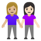 👩🏼‍🤝‍👩🏻 Deux Femmes Se Tenant La Main : Peau Moyennement Claire Et Peau Claire Emoji par Google
