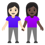 👩🏻‍🤝‍👩🏿 Deux Femmes Se Tenant La Main : Peau Claire Et Peau Foncée Emoji par Google