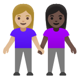 👩🏼‍🤝‍👩🏿 Women Holding Hands: Medium-Light Skin Tone, Dark Skin Tone, Emoji by Google