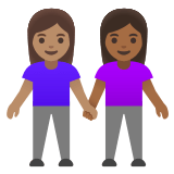 👩🏽‍🤝‍👩🏾 Händchen Haltende Frauen: Mittlere Hautfarbe, Mitteldunkle Hautfarbe Emoji von Google