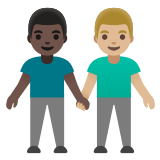 👨🏿‍🤝‍👨🏼 Men Holding Hands: Dark Skin Tone, Medium-Light Skin Tone, Emoji by Google