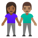 👩🏾‍🤝‍👨🏽 Woman and Man Holding Hands: Medium-Dark Skin Tone, Medium Skin Tone, Emoji by Google