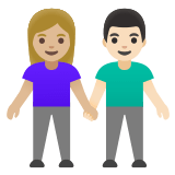 👩🏼‍🤝‍👨🏻 Woman and Man Holding Hands: Medium-Light Skin Tone, Light Skin Tone, Emoji by Google