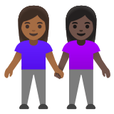 👩🏾‍🤝‍👩🏿 Women Holding Hands: Medium-Dark Skin Tone, Dark Skin Tone, Emoji by Google