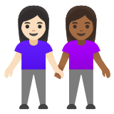👩🏻‍🤝‍👩🏾 Women Holding Hands: Light Skin Tone, Medium-Dark Skin Tone, Emoji by Google