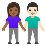 👩🏾‍🤝‍👨🏻 Woman and Man Holding Hands: Medium-Dark Skin Tone, Light Skin Tone, Emoji by Google