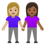 👩🏼‍🤝‍👩🏾 Women Holding Hands: Medium-Light Skin Tone, Medium-Dark Skin Tone, Emoji by Google