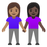 👩🏽‍🤝‍👩🏿 Women Holding Hands: Medium Skin Tone, Dark Skin Tone, Emoji by Google