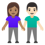👩🏽‍🤝‍👨🏻 Femme Et Homme Se Tenant La Main : Peau Légèrement Mate Et Peau Claire Emoji par Google