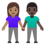 👩🏽‍🤝‍👨🏿 Woman and Man Holding Hands: Medium Skin Tone, Dark Skin Tone, Emoji by Google