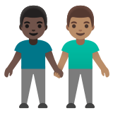 👨🏿‍🤝‍👨🏽 Deux Hommes Se Tenant La Main : Peau Foncée Et Peau Légèrement Mate Emoji par Google