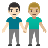 👨🏻‍🤝‍👨🏼 Händchen Haltende Männer: Helle Hautfarbe, Mittelhelle Hautfarbe Emoji von Google