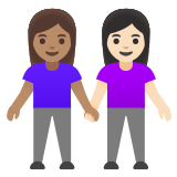 👩🏽‍🤝‍👩🏻 Deux Femmes Se Tenant La Main : Peau Légèrement Mate Et Peau Claire Emoji par Google