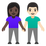 👩🏿‍🤝‍👨🏻 Femme Et Homme Se Tenant La Main : Peau Foncée Et Peau Claire Emoji par Google