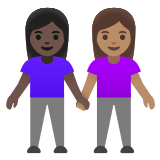 👩🏿‍🤝‍👩🏽 Women Holding Hands: Dark Skin Tone, Medium Skin Tone, Emoji by Google