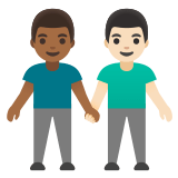 👨🏾‍🤝‍👨🏻 Deux Hommes Se Tenant La Main : Peau Mate Et Peau Claire Emoji par Google