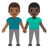 👨🏾‍🤝‍👨🏿 Händchen Haltende Männer: Mitteldunkle Hautfarbe, Dunkle Hautfarbe Emoji von Google