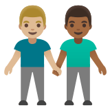👨🏼‍🤝‍👨🏾 Men Holding Hands: Medium-Light Skin Tone, Medium-Dark Skin Tone, Emoji by Google