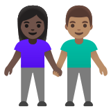 👩🏿‍🤝‍👨🏽 Woman and Man Holding Hands: Dark Skin Tone, Medium Skin Tone, Emoji by Google