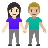 👩🏻‍🤝‍👨🏼 Woman and Man Holding Hands: Light Skin Tone, Medium-Light Skin Tone, Emoji by Google
