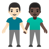 👨🏻‍🤝‍👨🏿 Deux Hommes Se Tenant La Main : Peau Claire Et Peau Foncée Emoji par Google